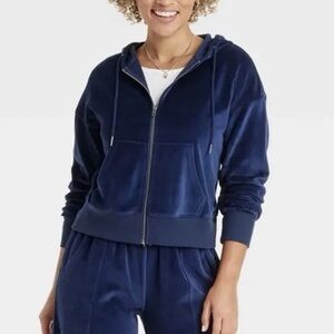 Target NWT XS velvet velour Navy Blue zip up Hoodie sweater jacket coat
